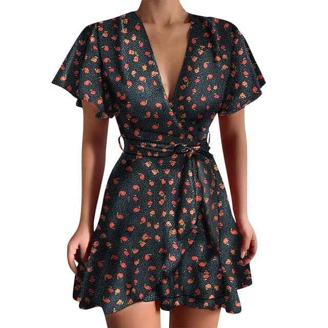 Print Wrap Deep V-Neck Flutter Sleeve Tie Waist Tiered Mini Dress