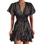 Print Wrap Deep V-Neck Flutter Sleeve Tie Waist Tiered Mini Dress