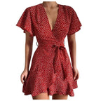 Print Wrap Deep V-Neck Flutter Sleeve Tie Waist Tiered Mini Dress