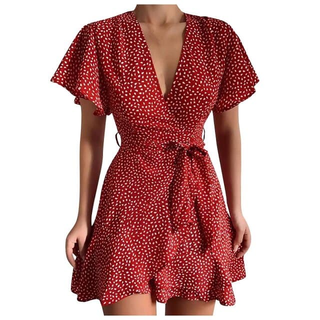 Print Wrap Deep V-Neck Flutter Sleeve Tie Waist Tiered Mini Dress
