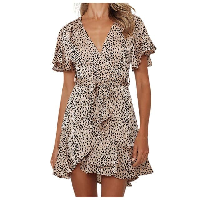 Print Wrap Deep V-Neck Flutter Sleeve Tie Waist Tiered Mini Dress