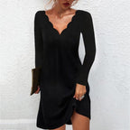 Deep V-Neck Scalloped Edge Long Sleeve Bodycon Mini Dress