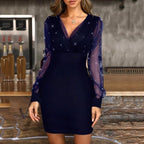 Pearl Embellished Mesh Long Sleeve Wrap V-Neck Ruched Bodycon Mini Dress