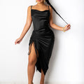 Cowl Neck Drawstring Side Ruched Spaghetti Strap Midi Dress