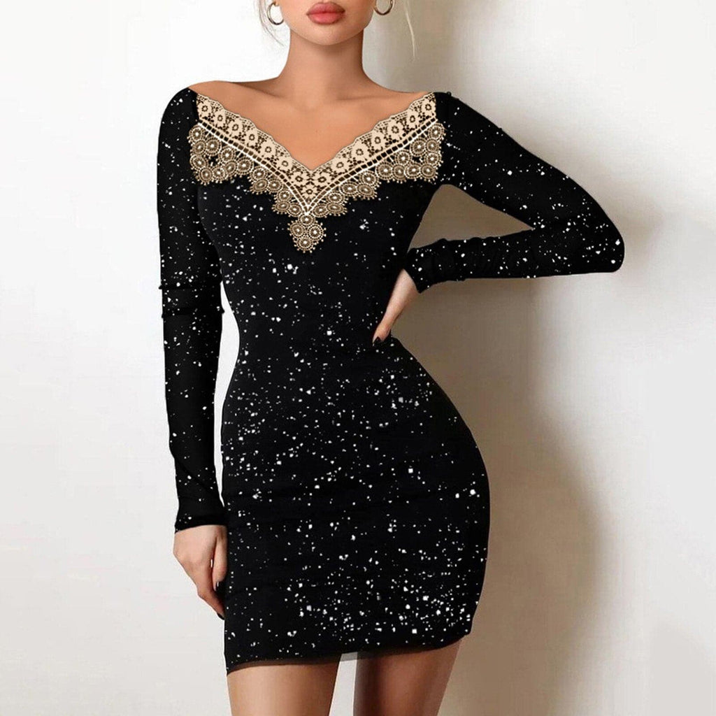 Lace Trim V Neck Star Print Long Sleeve Bodycon Mini Dress
