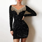 Lace Trim V Neck Star Print Long Sleeve Bodycon Mini Dress