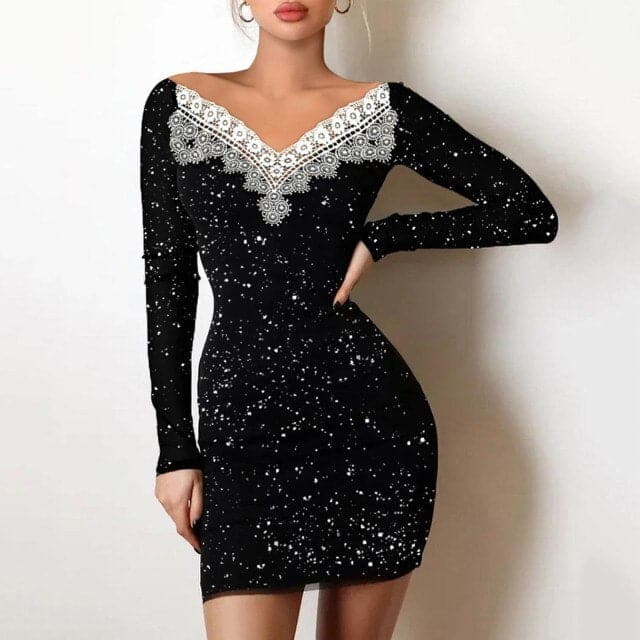 Lace Trim V Neck Star Print Long Sleeve Bodycon Mini Dress