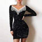 Lace Trim V Neck Star Print Long Sleeve Bodycon Mini Dress