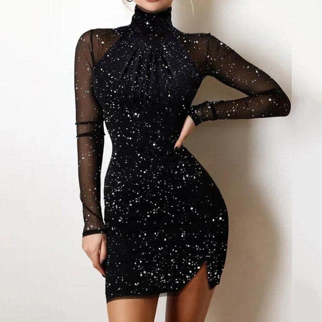 Lace Trim V Neck Star Print Long Sleeve Bodycon Mini Dress