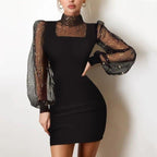Lace Trim V Neck Star Print Long Sleeve Bodycon Mini Dress