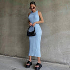 Cable Knit Sleeveless High Neck Braid Weave Bodycon Midi Dress