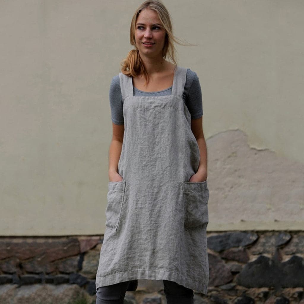 Square Neck Linen Pinafore Apron Patch Pocket Midi Dress