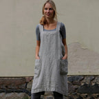 Square Neck Linen Pinafore Apron Patch Pocket Midi Dress