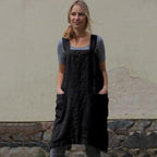 Square Neck Linen Pinafore Apron Patch Pocket Midi Dress