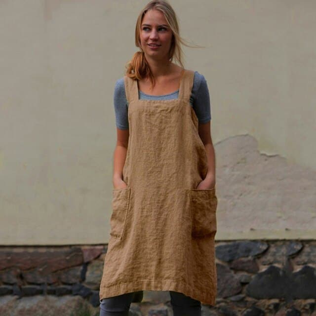 Square Neck Linen Pinafore Apron Patch Pocket Midi Dress