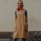 Square Neck Linen Pinafore Apron Patch Pocket Midi Dress