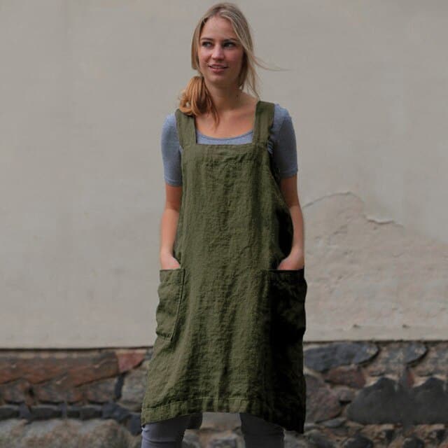 Square Neck Linen Pinafore Apron Patch Pocket Midi Dress