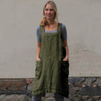 Square Neck Linen Pinafore Apron Patch Pocket Midi Dress