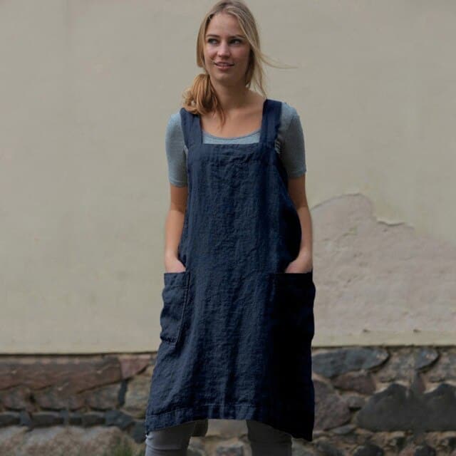 Square Neck Linen Pinafore Apron Patch Pocket Midi Dress