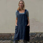 Square Neck Linen Pinafore Apron Patch Pocket Midi Dress