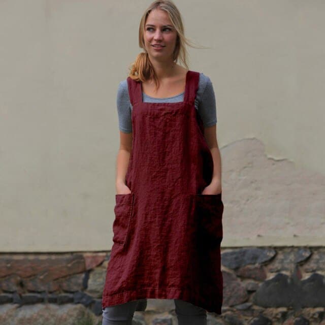 Square Neck Linen Pinafore Apron Patch Pocket Midi Dress