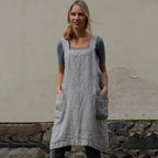 Square Neck Linen Pinafore Apron Patch Pocket Midi Dress