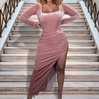 Square Neck Velvet Long Sleeve Ruched Waist Thigh Slit Maxi Dress