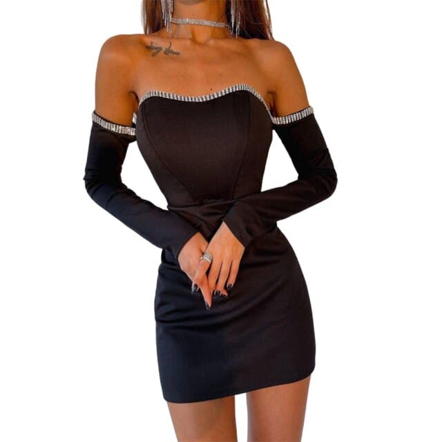Off Shoulder Rhinestone Trim Corset Panel Long Sleeve Mini Dress