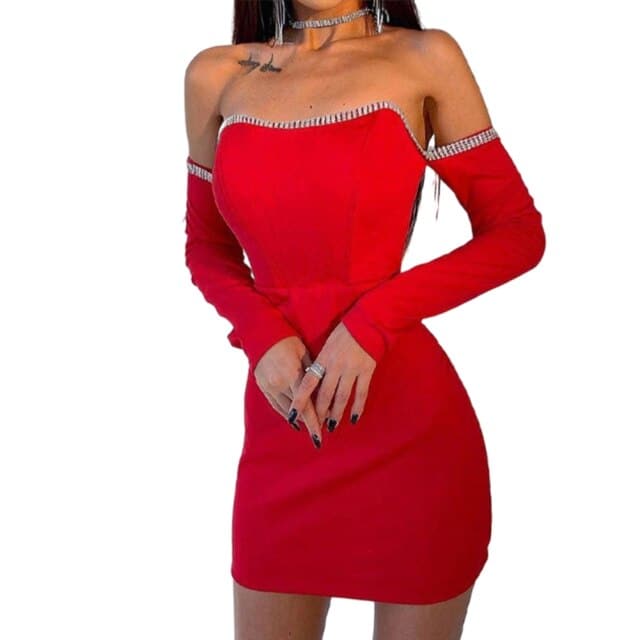 Off Shoulder Rhinestone Trim Corset Panel Long Sleeve Mini Dress