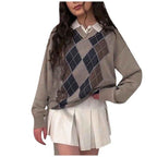 DressBetty - Women Fashion Preppy Diamond Plaid Printed Knitted Sweater