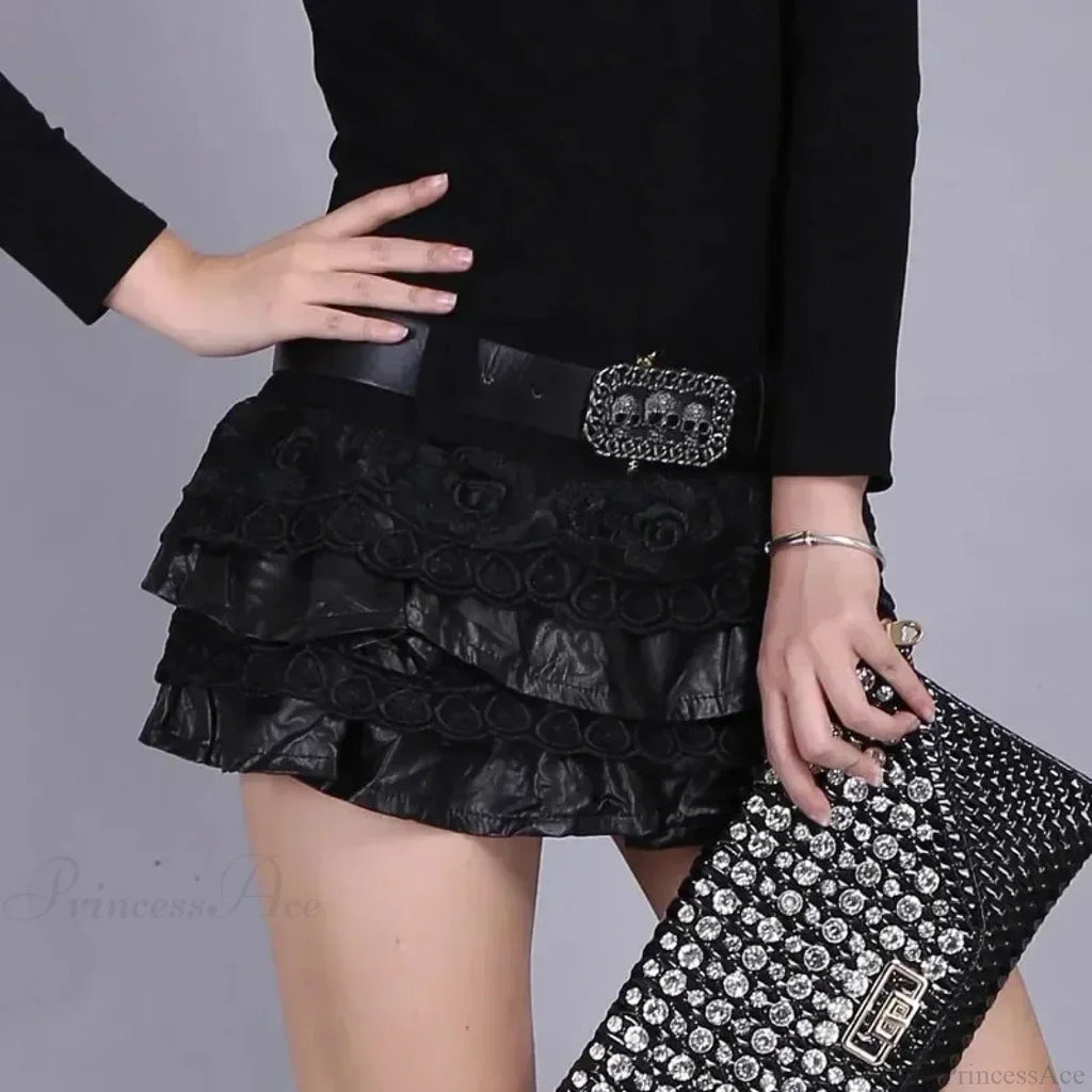 PU Leather Lace Patchwork Mini Skirt