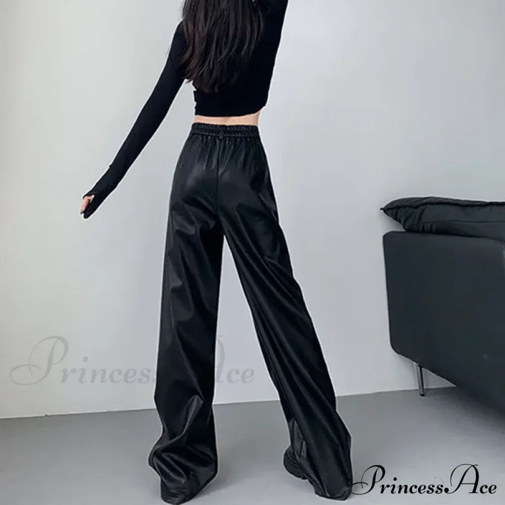 PU Leather Personality Loose Straight-Leg Casual Spring Autumn Fashion Pants