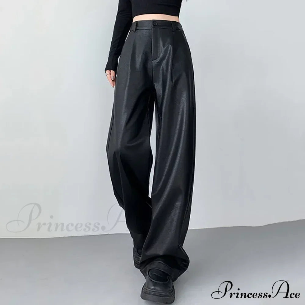PU Leather Personality Loose Straight-Leg Casual Spring Autumn Fashion Pants