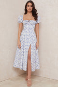 Puff Sleeve Ditsy Floral Tie Front High Slit Midi Dress - Blue