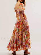 Puff Sleeve Floral Flowy Maxi Dress