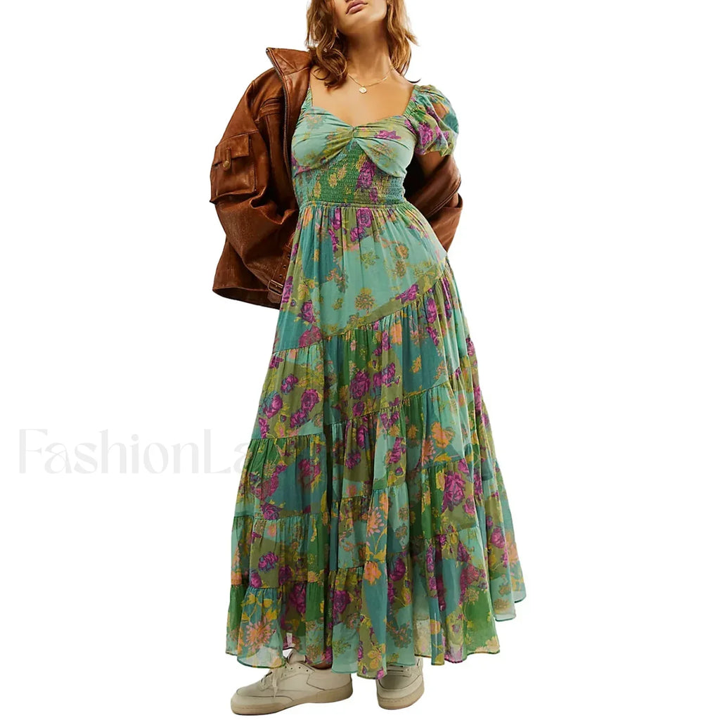 Puff Sleeve Floral Flowy Maxi Dress