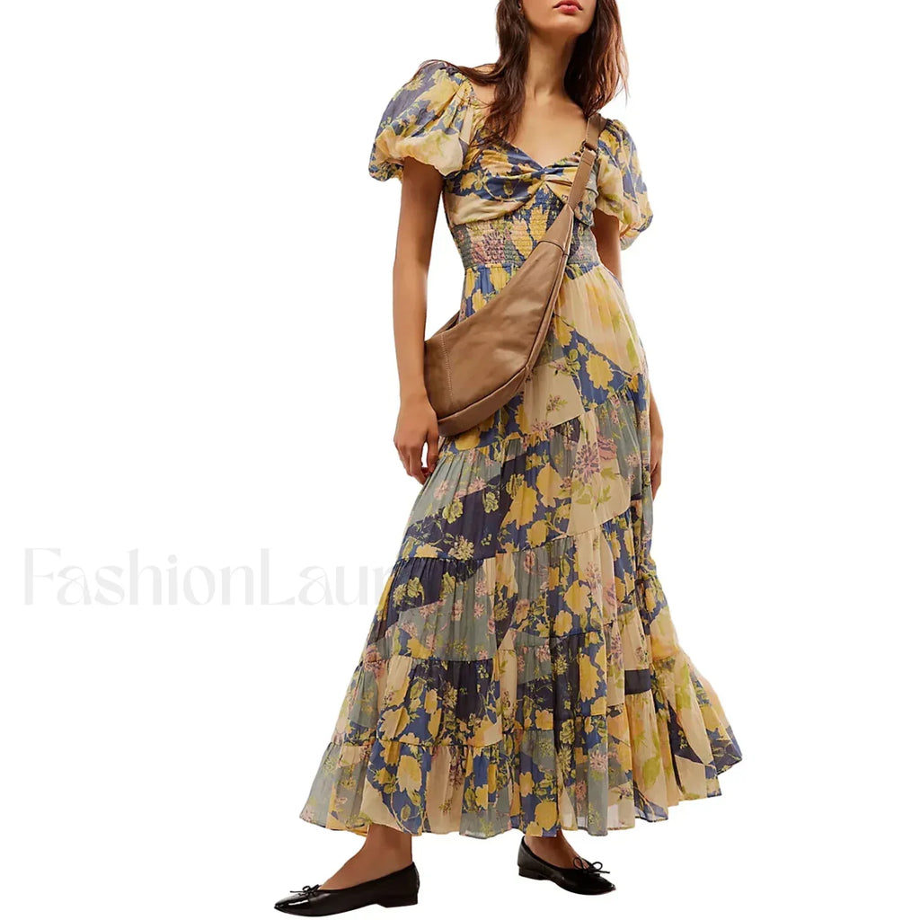 Puff Sleeve Floral Flowy Maxi Dress