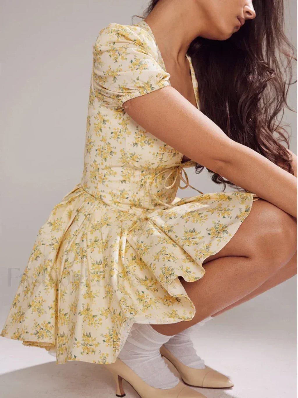 Yellow Puff Sleeve Tulle Mini Dress