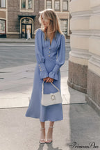 Puff Sleeve V Neck Vintage Slim Maxi Dress
