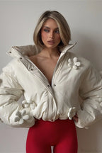 Puffer Hooded Flower Trim Casual Coat