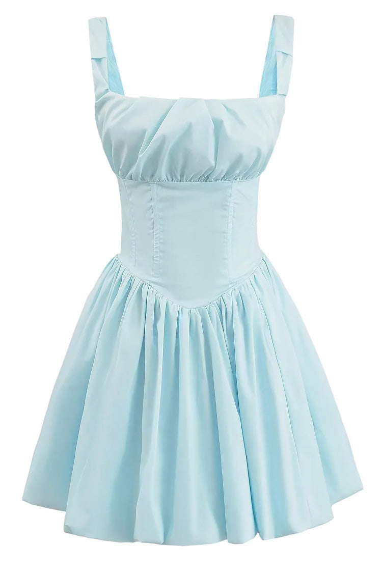 Square Neck Ruched Strap Corset Drop Waist Bubble Hem Mini Dress