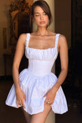 Square Neck Ruched Strap Corset Drop Waist Bubble Hem Mini Dress
