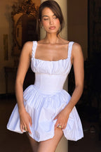 Square Neck Ruched Strap Corset Drop Waist Bubble Hem Mini Dress