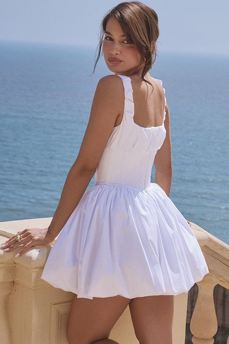Square Neck Ruched Strap Corset Drop Waist Bubble Hem Mini Dress