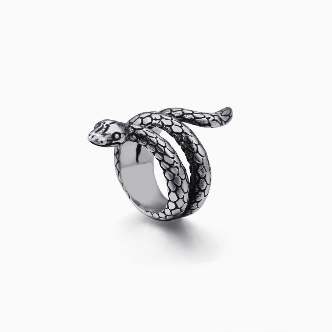 Snake Shaped Embossed Wrap Around Ring - Silver Punk Style