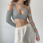 Punk Y2K Gothic Slim Fit Hollow Out Long Sleeve T-shirt Crop Top