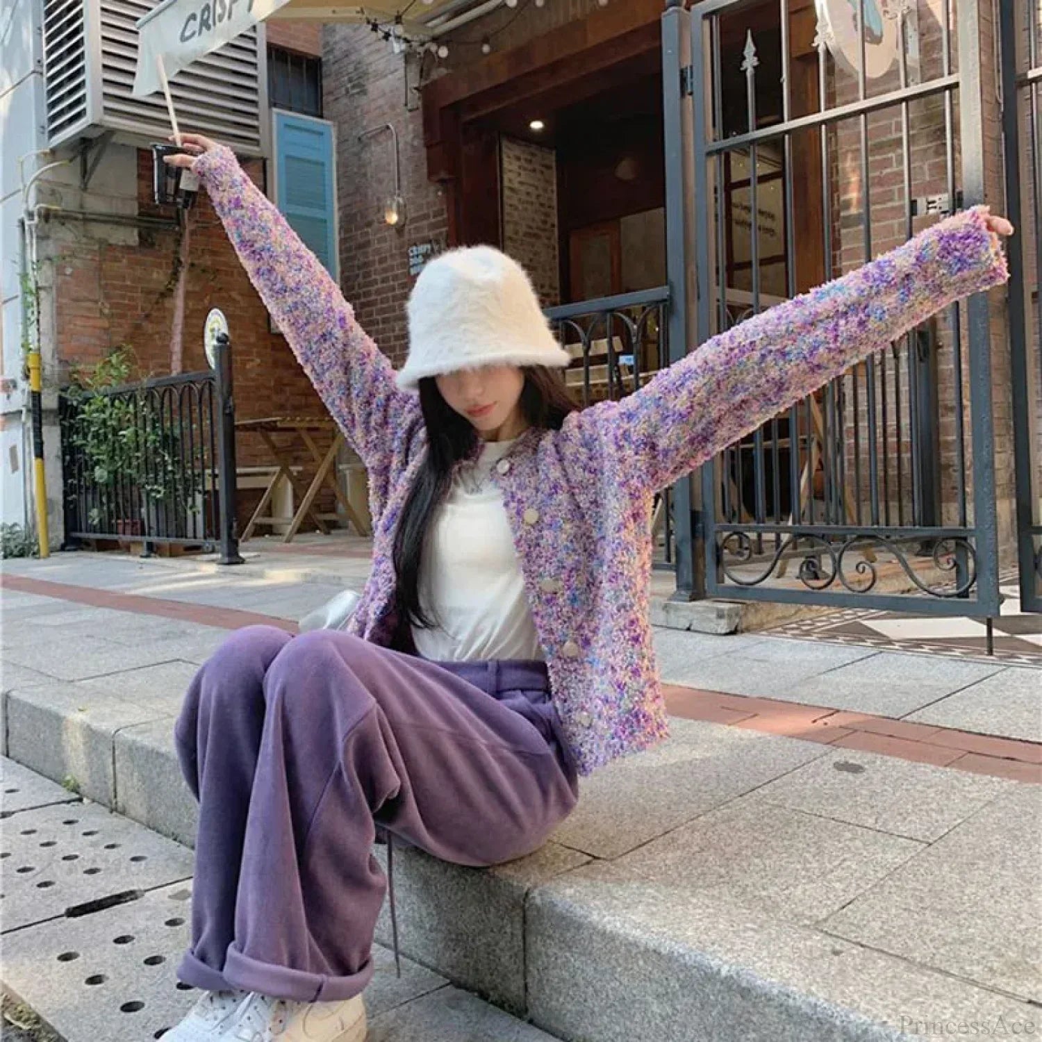 Purple Floral Lazy Wind Loose Knit Cardigan