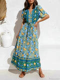 Purple Floral Print Button V-neck Pleated Rayon Vacation Maxi Boho Dress
