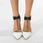 Purple/White T-band Butterfly-knotBuckle Strap Pointed Cover Heeled Thin High Heels Party Wedding High Heel