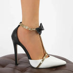 Purple/White T-band Butterfly-knotBuckle Strap Pointed Cover Heeled Thin High Heels Party Wedding High Heel
